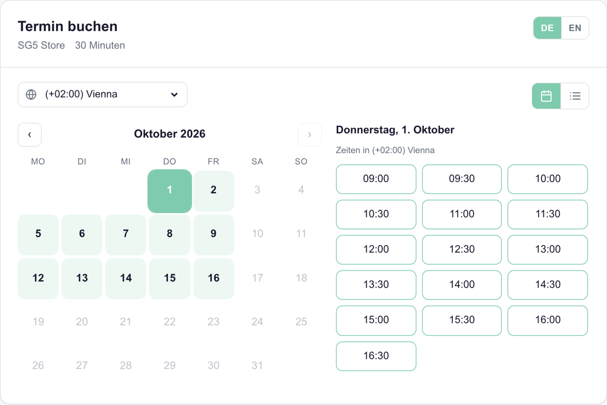 Buchungsseite von InsightHub: Monatskalender mit buchbaren Tagen und den freien Zeiten des gewählten Tages