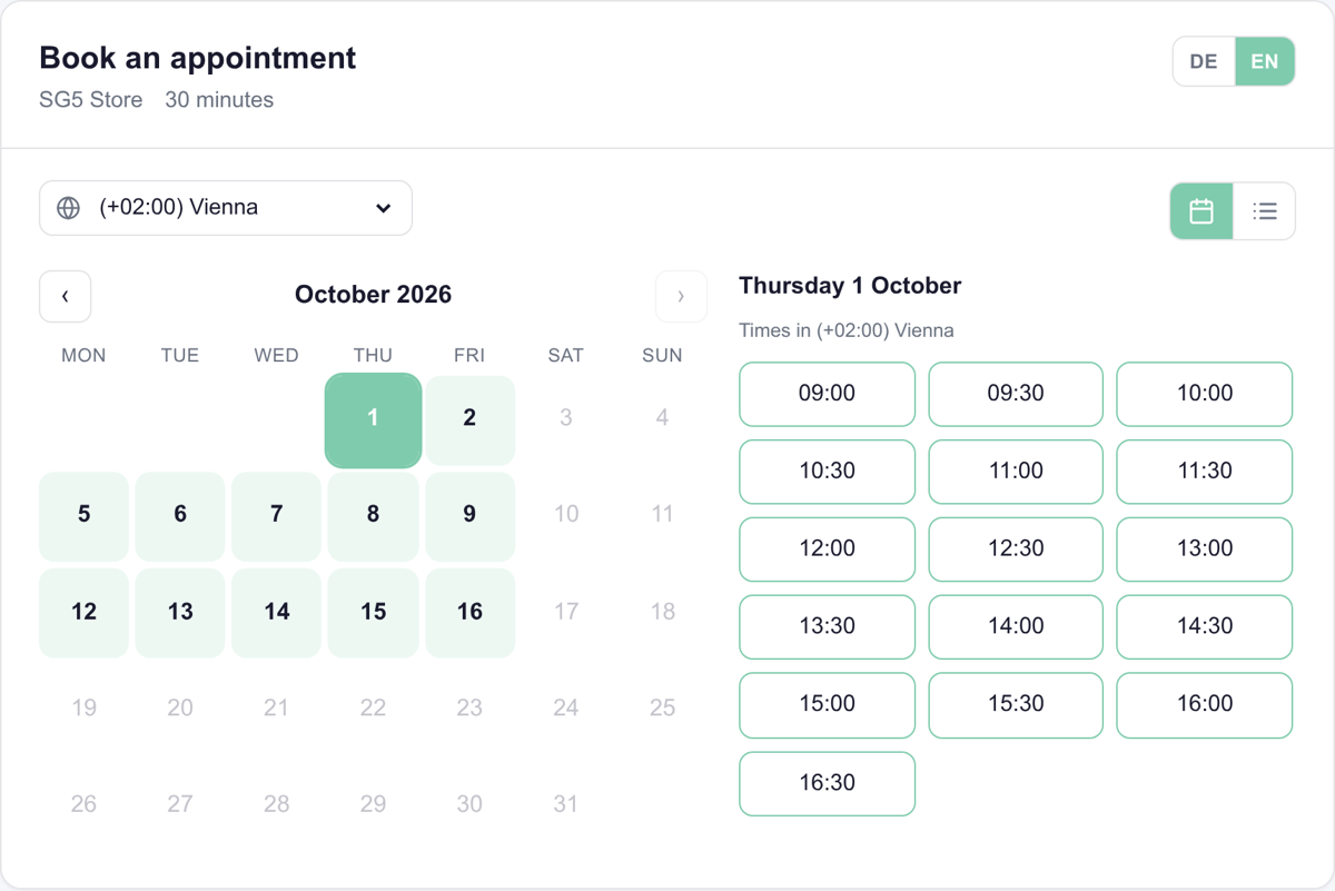 InsightHub booking page: month calendar with bookable days and the free slots of the selected day