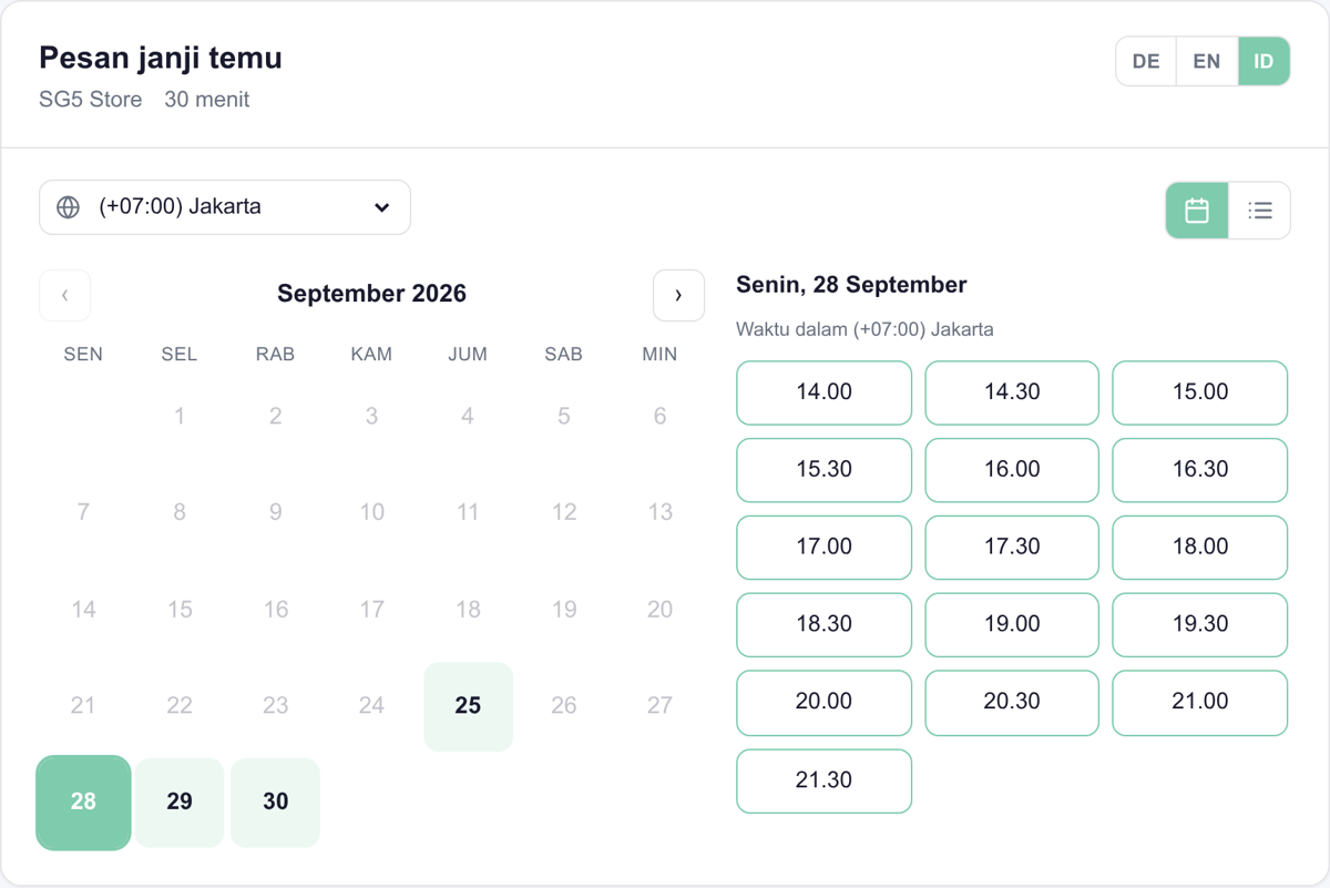 Halaman booking InsightHub: kalender bulanan dengan tanggal yang bisa dipesan dan jadwal kosong pada tanggal terpilih