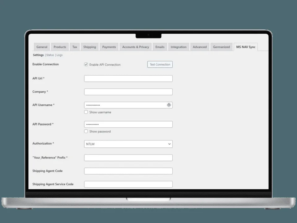 Einstellungsseite des Woo MS Dynamics 365 & NAV Plugins in WordPress