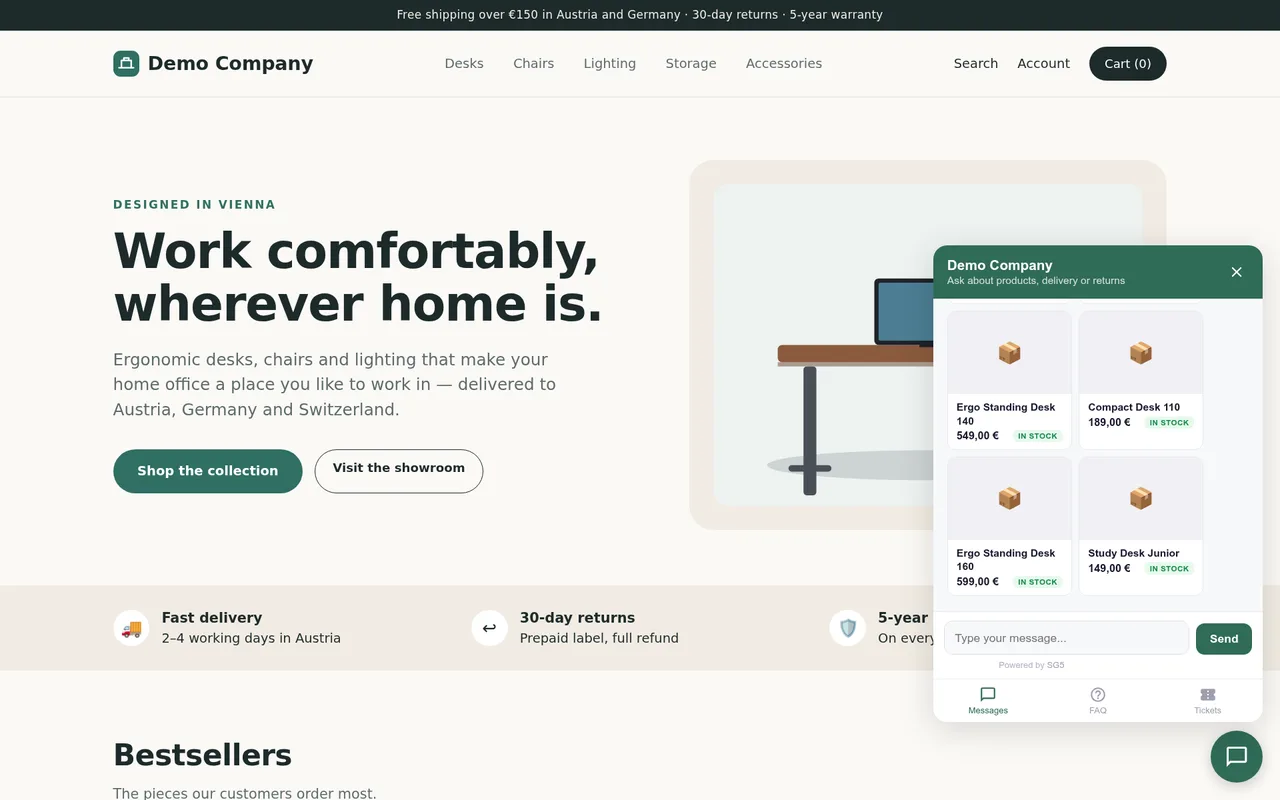 Ein WooCommerce-Demo-Shop mit geöffnetem InsightHub-Chat-Widget: der Assistent zeigt passende Schreibtische mit Preis und Lagerstand
