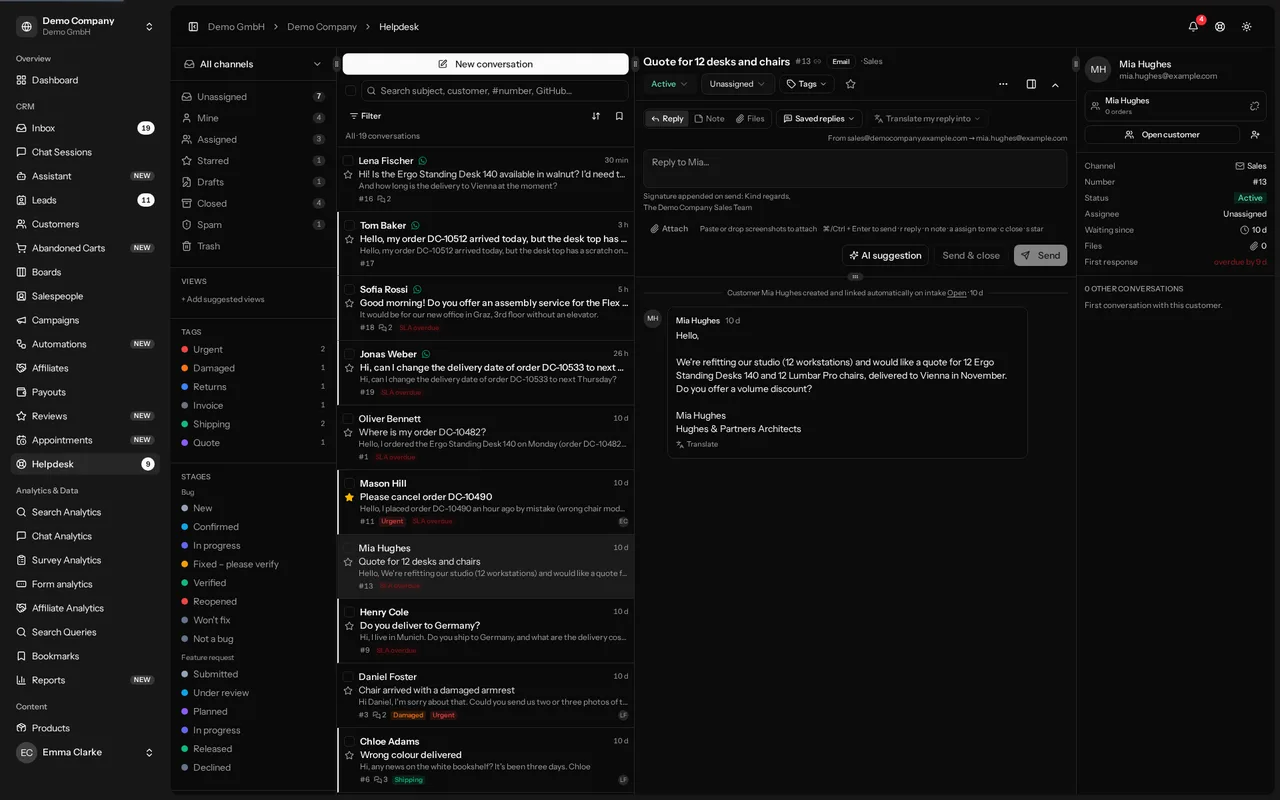 Der InsightHub-Helpdesk: links eine Liste von Kunden-E-Mails, rechts eine geöffnete Konversation mit Antwortfeld, Notizen und KI-Vorschlag