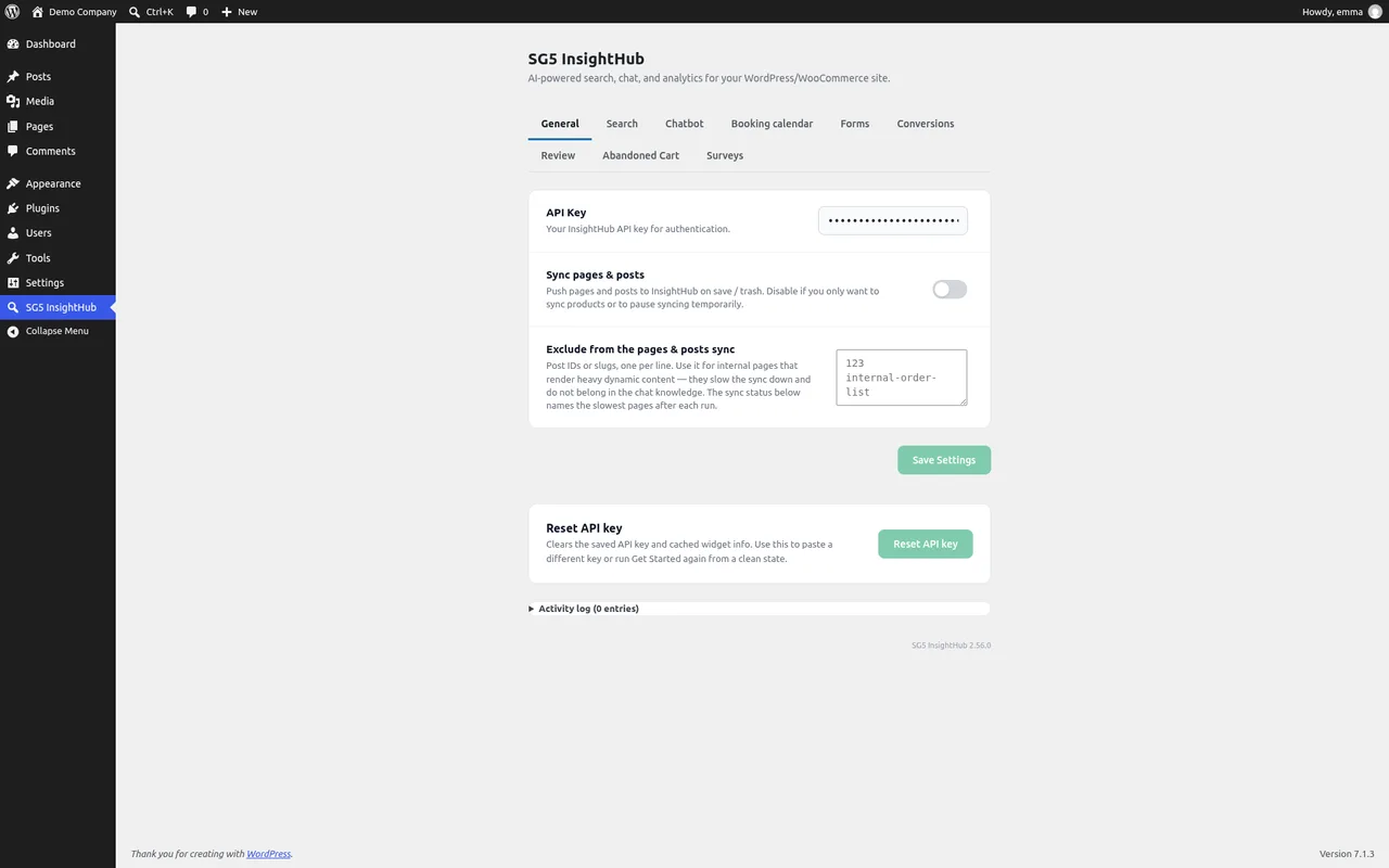 Die Einstellungsseite von SG5 InsightHub im WordPress-Admin: API-Schlüssel, Seiten-Sync und Reiter für Suche, Chatbot, Terminkalender, Formulare und Conversions