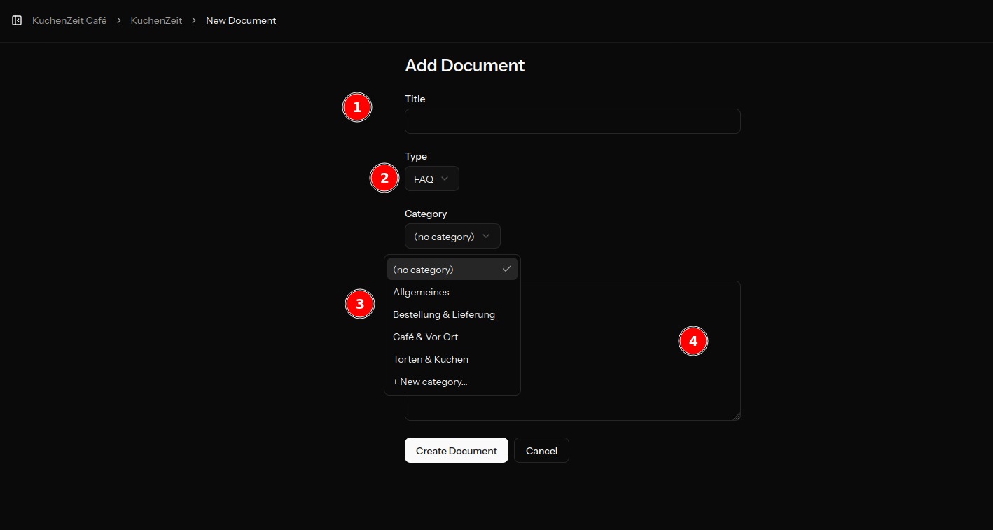 Add-Document-Formular mit den Feldern Titel, Typ (FAQ), Kategorie-Dropdown und Inhalt