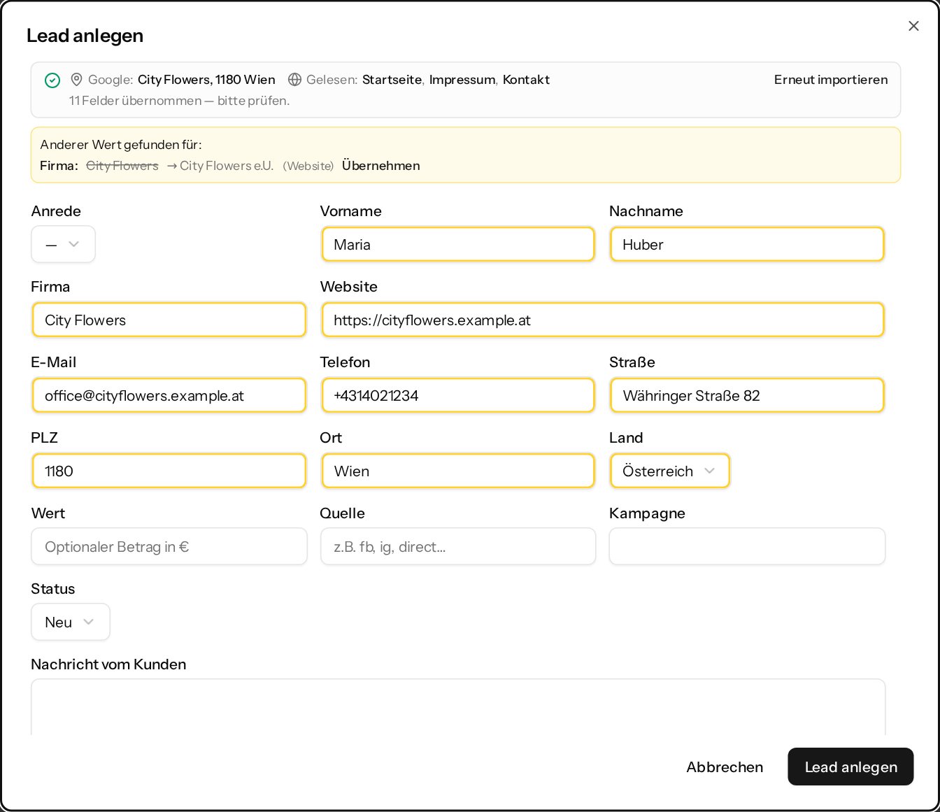 The Create lead dialog after an import: at the top the line naming the Google listing and the pages read, below it a different company name to take over, and the filled fields highlighted in yellow